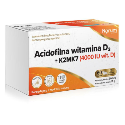 Acidofilna Witamina D3 4000+K2, 60 kaps,  300mg