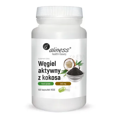 Węgiel aktywny z kokosa Food Grade 300 mg x 100 Vege caps.