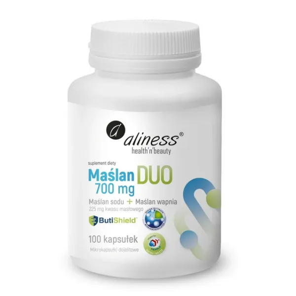 Maślan Duo 700 mg( wapnia+ sodu)225 mg kwasu masłowego, kapsułki 100 szt. Aliness
